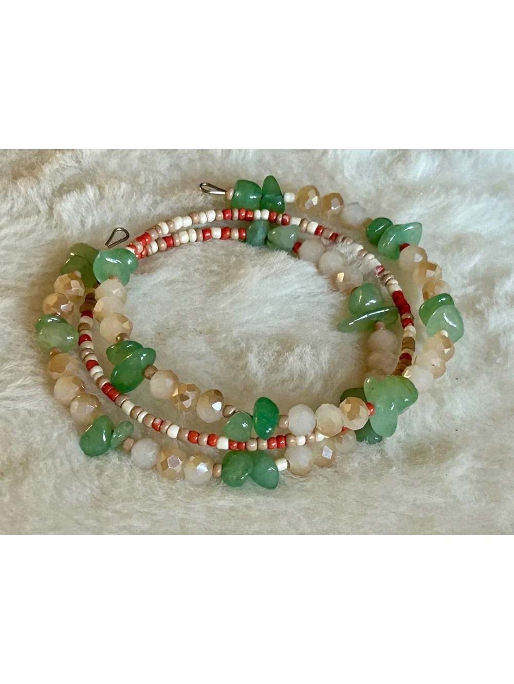 Handcrafted Multi-Strand Beaded Bracelet with Green and Beige Gemstones